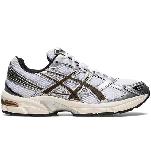 ASICS GEL-1130 White Clay Canyon 1201A256-113 lateral side profile showing white mesh upper, metallic silver overlays, deep brown Clay Canyon tiger stripes, black collar lining, and pre-aged sail midsole with bronze GEL window