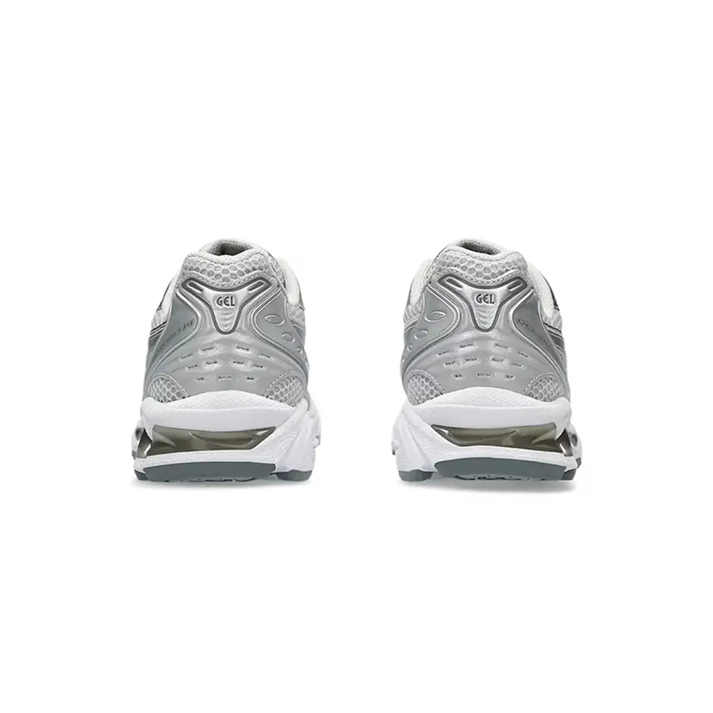 ASICS GEL-Kayano 14 Cloud Grey rear heel view showing GEL branding on both shoes with sculpted silver heel counter and rear cushioning unit
