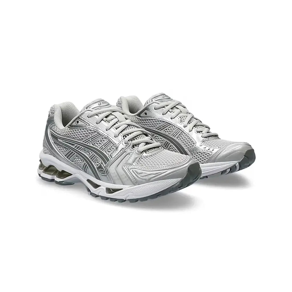ASICS GEL-Kayano 14 Cloud Grey pair displayed at front three-quarter angle showing full mesh and metallic silver upper on white background