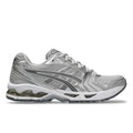 ASICS GEL-Kayano 14 Cloud Grey 1202A056-021 lateral side profile showing mesh upper, metallic silver overlays, and visible GEL cushioning on white midsole