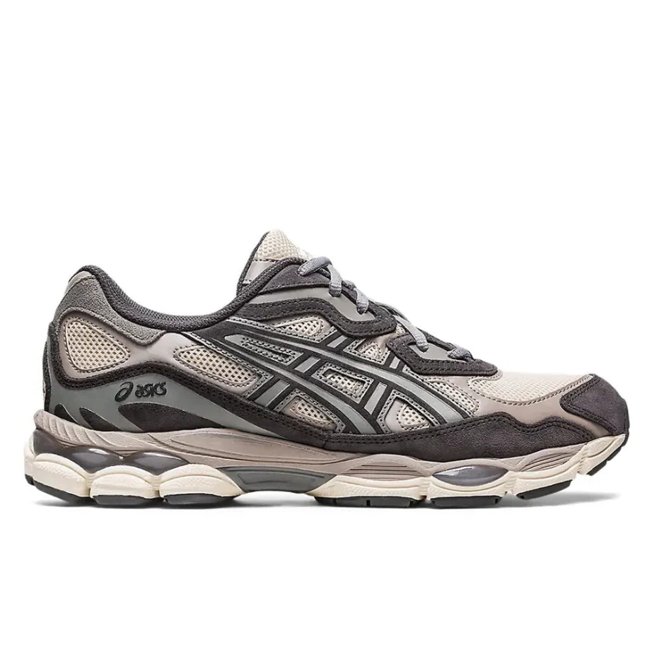 ASICS GEL-NYC Oatmeal Obsidian Grey 1201A789-250 lateral side profile showing the oatmeal mesh upper, dark obsidian grey-brown suede overlays at toe and heel, grey tiger stripes, dark ASICS logo, cream midsole with translucent grey GEL windows, and grey laces