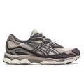ASICS GEL-NYC Oatmeal Obsidian Grey 1201A789-250 lateral side profile showing the oatmeal mesh upper, dark obsidian grey-brown suede overlays at toe and heel, grey tiger stripes, dark ASICS logo, cream midsole with translucent grey GEL windows, and grey laces