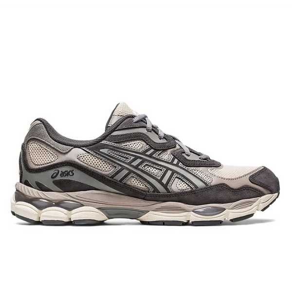 ASICS GEL-NYC Oatmeal Obsidian Grey 1201A789-250 lateral side profile showing the oatmeal mesh upper, dark obsidian grey-brown suede overlays at toe and heel, grey tiger stripes, dark ASICS logo, cream midsole with translucent grey GEL windows, and grey laces
