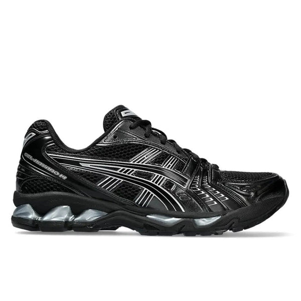 ASICS Gel-Kayano 14 Black Pure Silver side profile showing full-length silver GEL midsole and black upper
