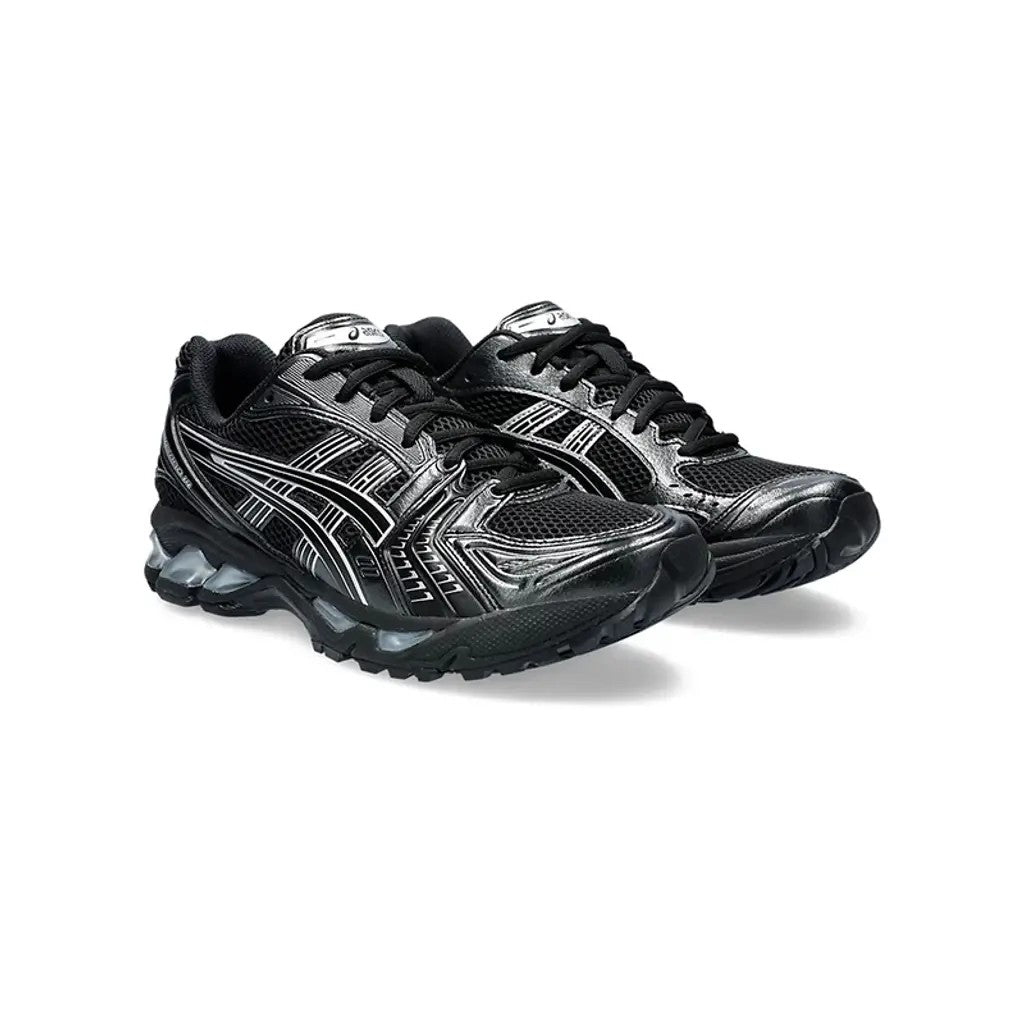 ASICS Gel-Kayano 14 Black Pure Silver pair front three-quarter view on white background