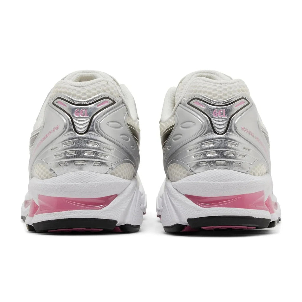 ASICS Gel-Kayano 14 Cream Sweet Pink heel view showing silver heel counter and pink GEL cushioning pods