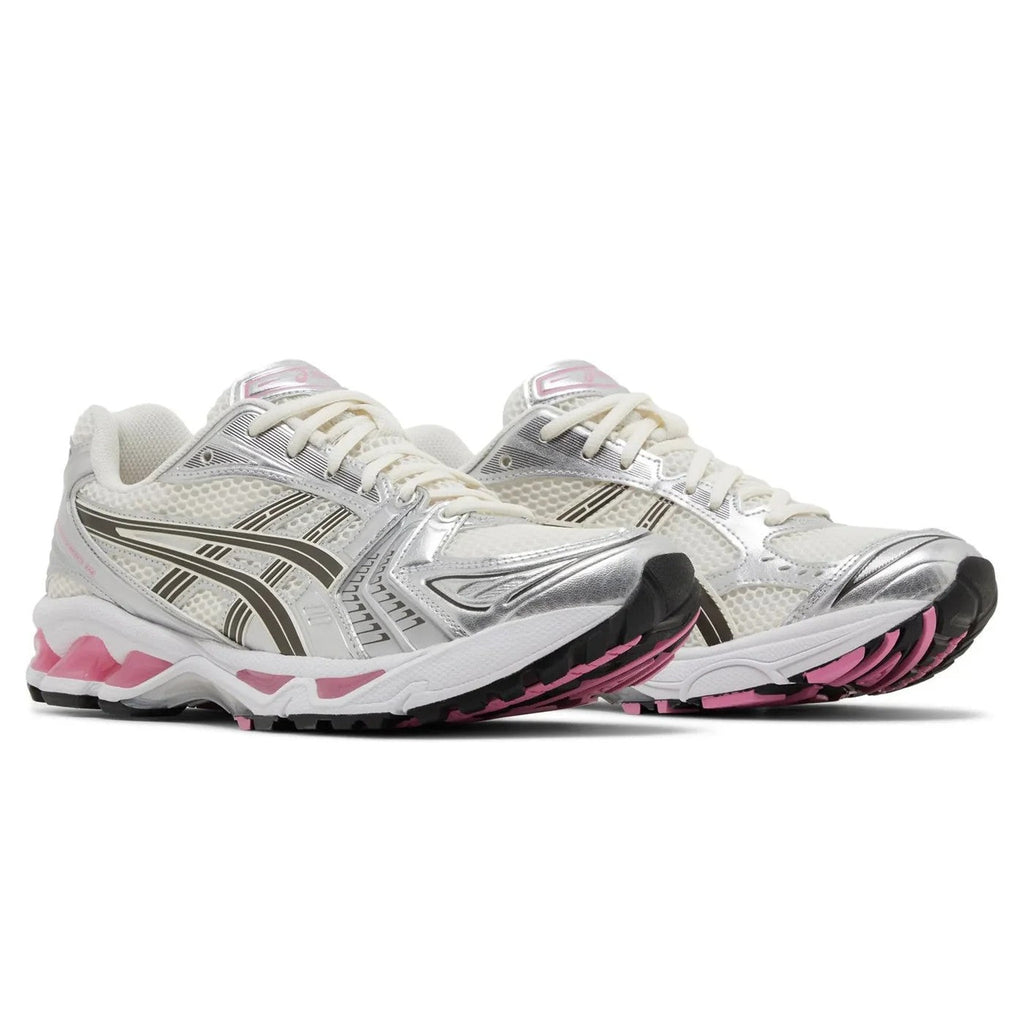 ASICS Gel-Kayano 14 Cream Sweet Pink pair rear angled view with pink midsole and black tiger stripes