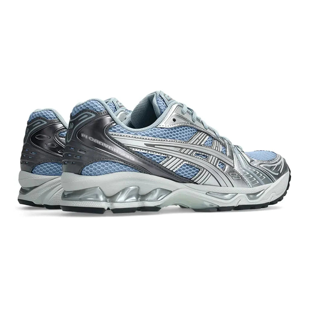 ASICS Gel-Kayano 14 Dolphin Grey Silver rear three-quarter view showing dark heel counter and silver midsole
