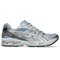 ASICS Gel-Kayano 14 Dolphin Grey Silver pair front angled view showing blue mesh and silver overlays 