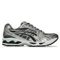 ASICS Gel-Kayano 14 Metropolis Jasper Green lateral side profile on white background showing metropolis grey mesh, silver overlays, black tiger stripes, and jasper green midsole accents
