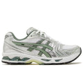 ASICS Gel-Kayano 14 White Slate Grey lateral side profile on white background showing white mesh upper, slate green stripes, silver overlays, and green GEL cushioning unit