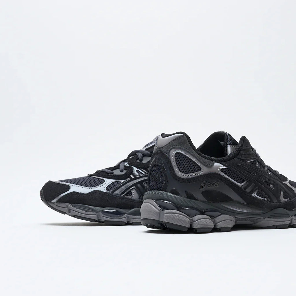 ASICS Gel-NYC Graphite Grey rear three-quarter view showing heel and silver overlay accents