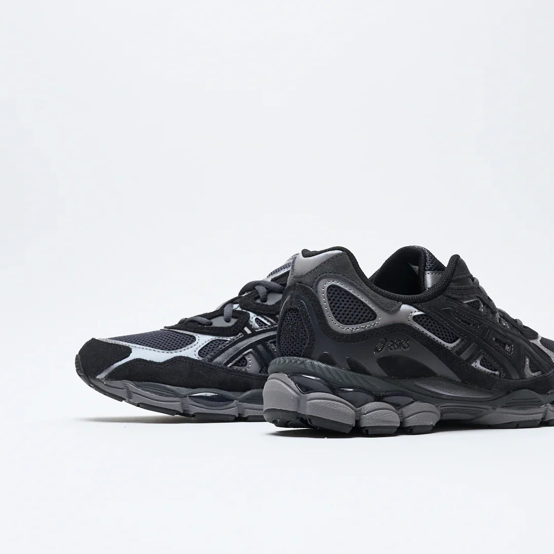 ASICS Gel-NYC Graphite Grey rear three-quarter view showing heel and silver overlay accents