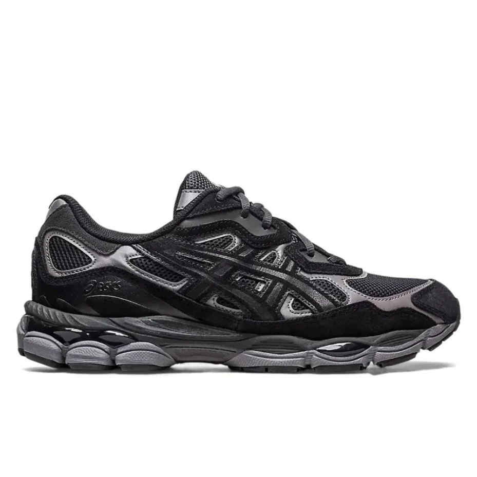 ASICS Gel-NYC Graphite Grey side profile view showing mesh upper suede overlays and silver accents