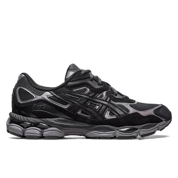 ASICS Gel-NYC Graphite Grey side profile view showing mesh upper suede overlays and silver accents