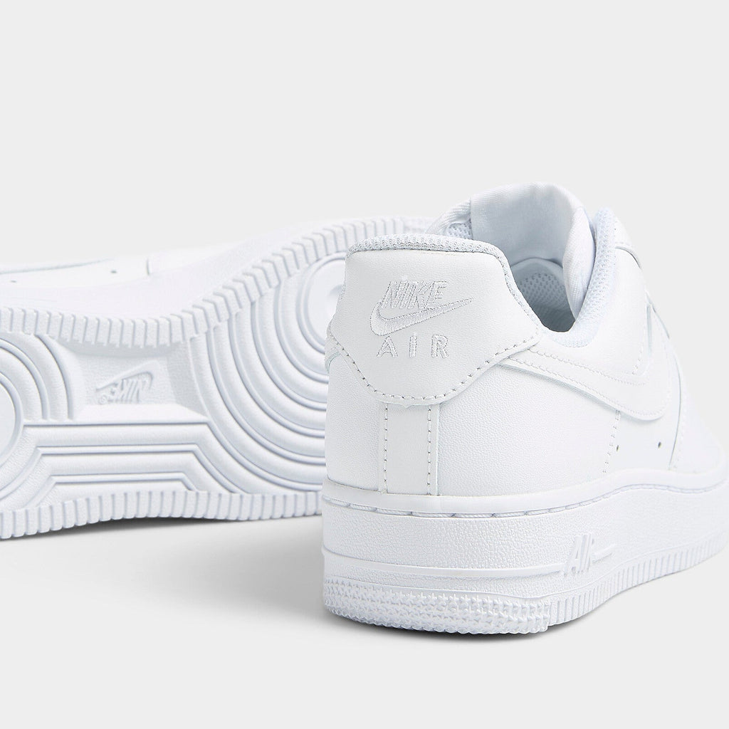 Nike Air Force 1 '07 Triple White close-up of heel tab with Nike Air logo and pivot-circle outsole