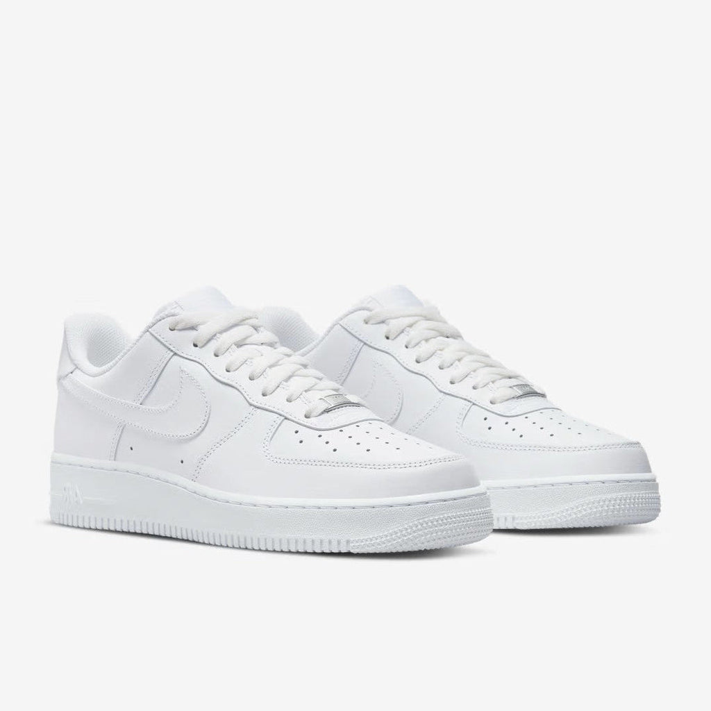 Nike Air Force 1 '07 Triple White pair front angled view on light grey background