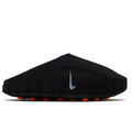 Nike Mind 001 Black - lateral side profile on white background showing sleek black foam shell, silver Nike Swoosh, perforated upper and orange sensory nodes visible along outsole edge