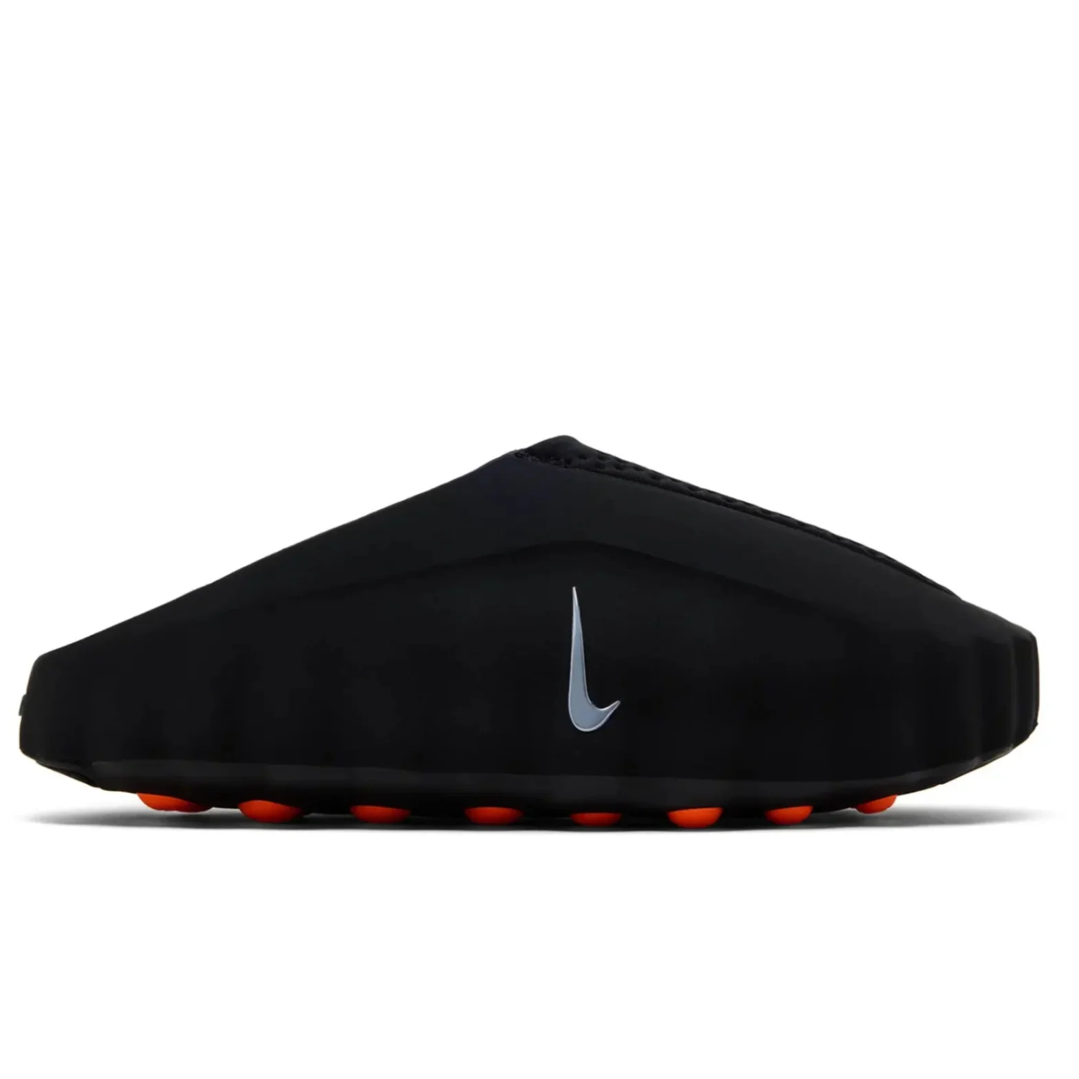 Nike Mind 001 Black - lateral side profile on white background showing sleek black foam shell, silver Nike Swoosh, perforated upper and orange sensory nodes visible along outsole edge