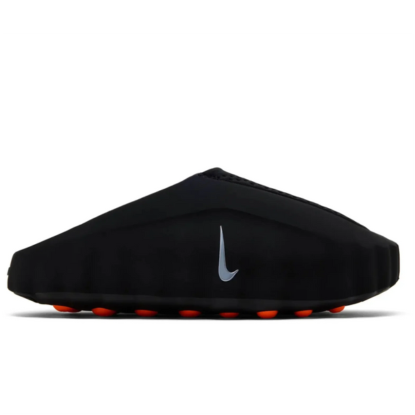 Nike Mind 001 Black - lateral side profile on white background showing sleek black foam shell, silver Nike Swoosh, perforated upper and orange sensory nodes visible along outsole edge