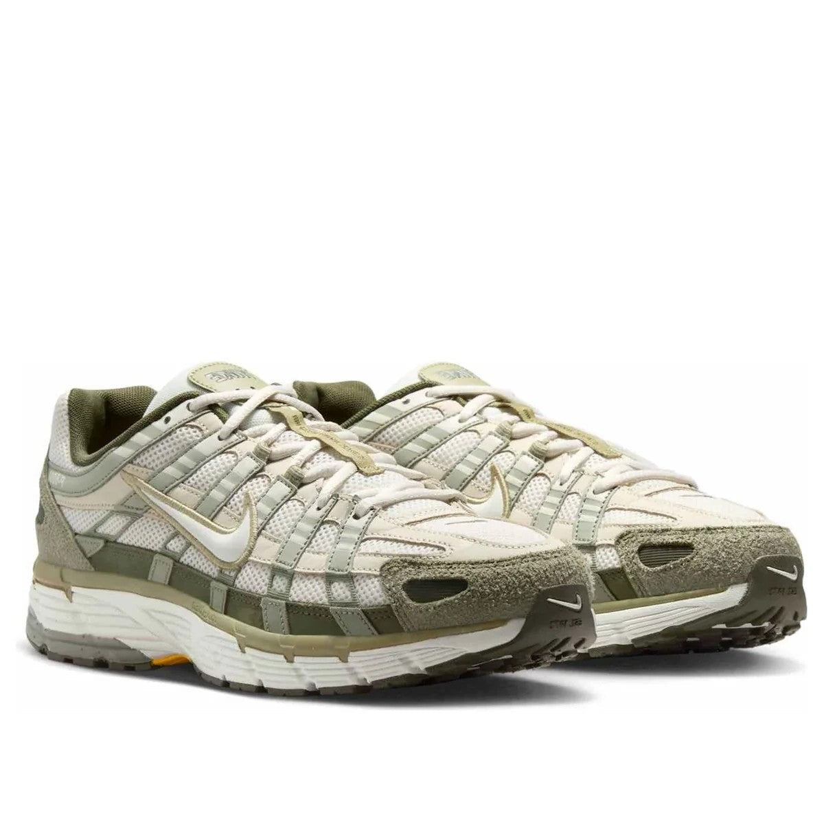 Nike P-6000 Cargo Khaki pair front three-quarter view on white background showing light army and cargo khaki colourway with hairy suede toe, olive accents, and Nike tongue branding