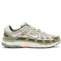 Nike P-6000 Cargo Khaki lateral side profile on white background showing white mesh upper, hairy olive suede mudguard, khaki overlays, outlined Swoosh, and white midsole with orange outsole accent