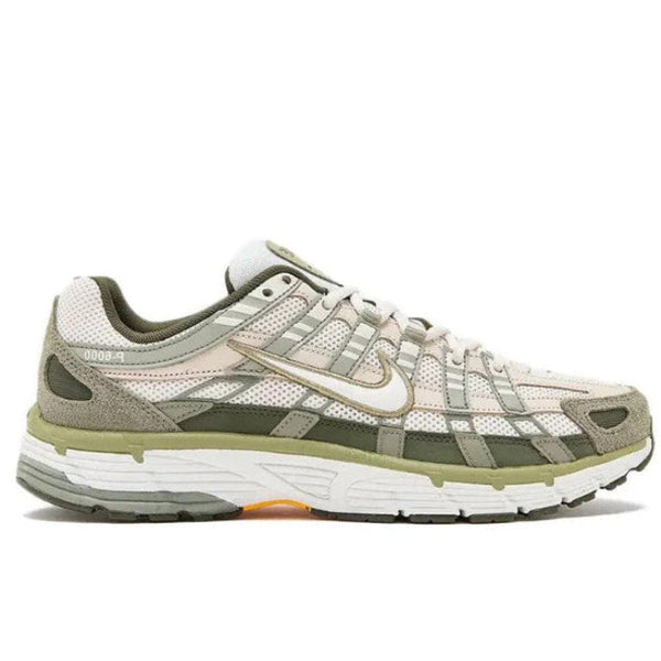 Nike P-6000 Cargo Khaki lateral side profile on white background showing white mesh upper, hairy olive suede mudguard, khaki overlays, outlined Swoosh, and white midsole with orange outsole accent