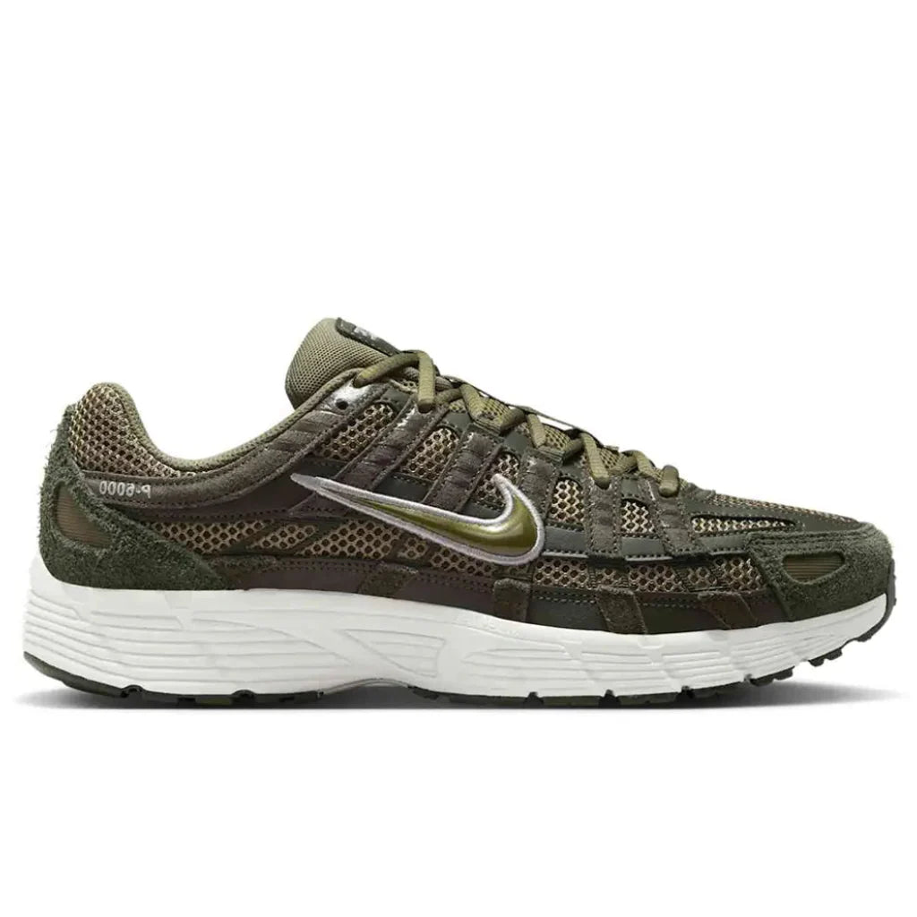 Nike P-6000 Sequoia Medium Olive lateral side profile showing olive mesh upper, silver Swoosh and hairy suede heel