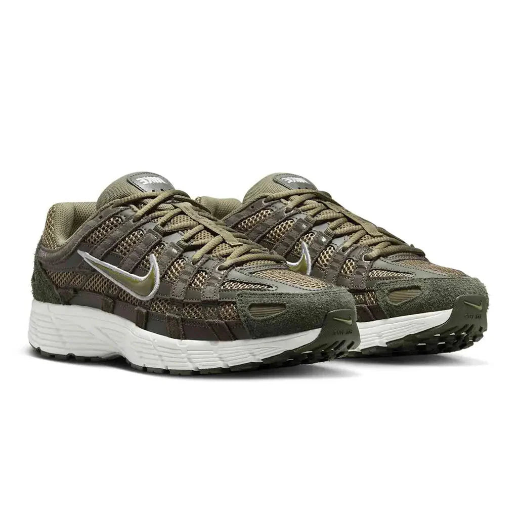 Nike P-6000 Sequoia Medium Olive pair front three-quarter view showing layered olive mesh and silver Swoosh