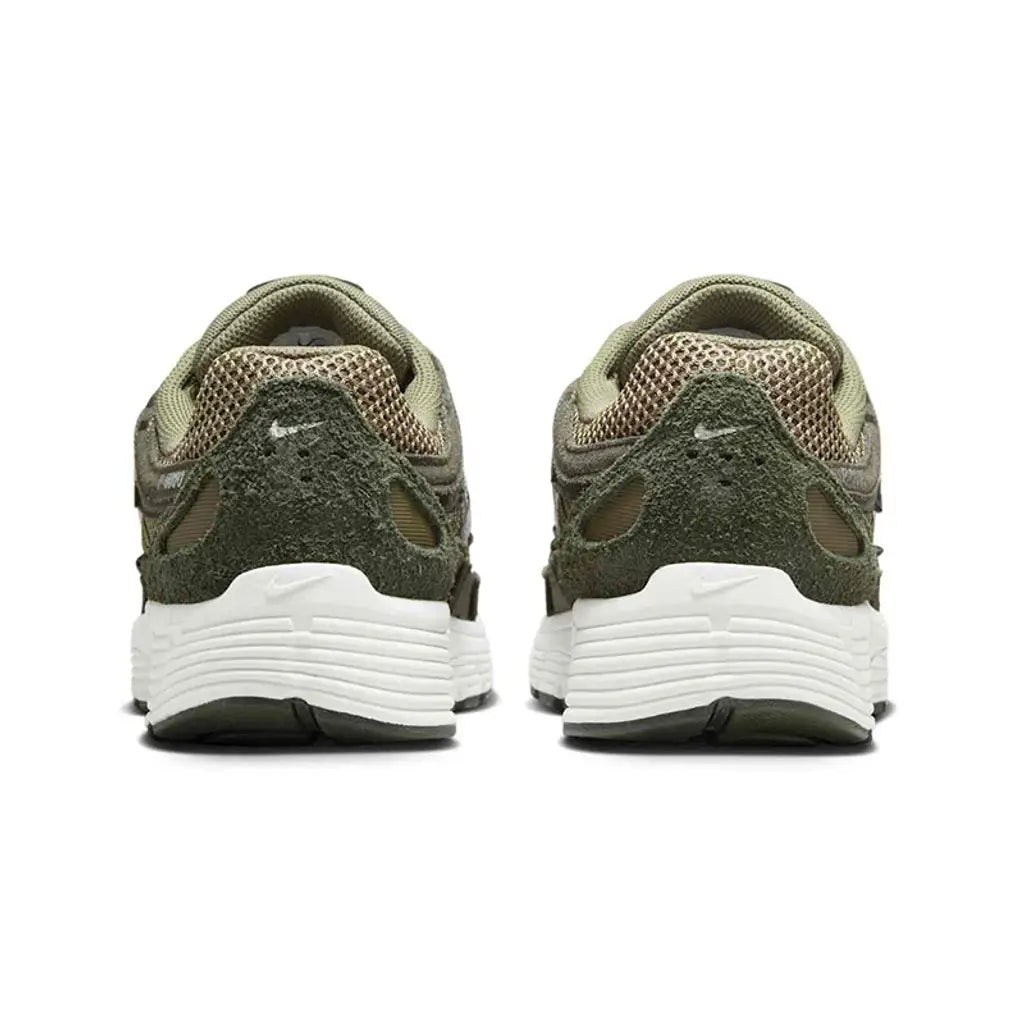Nike P-6000 Sequoia Medium Olive pair rear view showing sequoia suede heel panels and white midsole