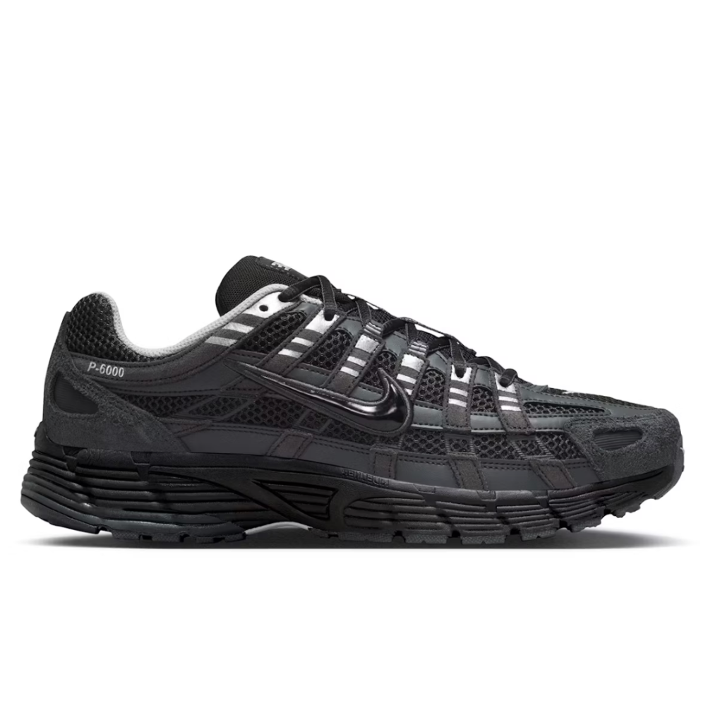Nike P-6000 Suede Anthracite Metallic Silver lateral side profile on white background showing anthracite suede overlays, black Swoosh, metallic silver accents, and layered midsole