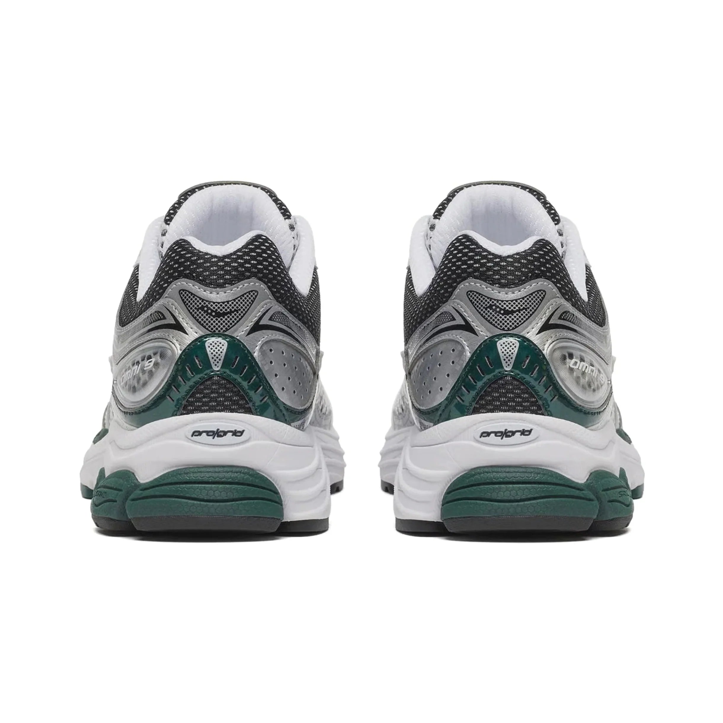 Saucony ProGrid Omni 9 White Pine Green rear heel view showing Omni 9 branding silver heel counter pine green cushioning panel ProGrid logo on white midsole and dark mesh collar on white background