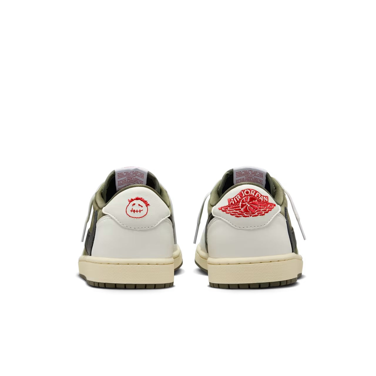 Travis Scott x Air Jordan 1 Low OG Medium Olive - rear heel view of both shoes showing red embroidered Cactus Jack logo on left and Air Jordan Wings logo on right with white leather heel