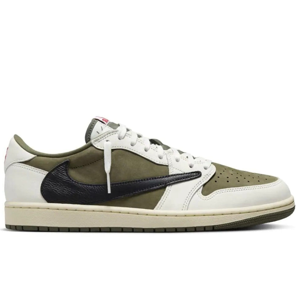 Travis Scott x Air Jordan 1 Low OG Medium Olive - lateral side profile showing reverse black Swoosh, olive nubuck overlays, white leather base, perforated toe box and cream midsole