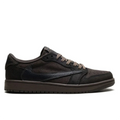 Travis Scott x Air Jordan 1 Low OG SP Velvet Brown lateral side profile showing reverse Swoosh in black leather, velvet brown suede upper, and dark brown outsole on white background