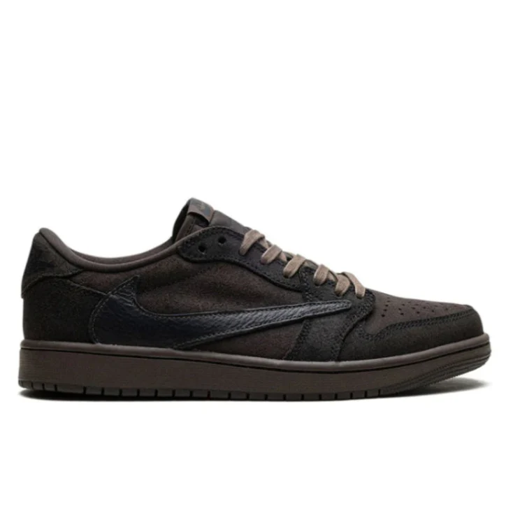 Travis Scott x Air Jordan 1 Low OG SP Velvet Brown lateral side profile showing reverse Swoosh in black leather, velvet brown suede upper, and dark brown outsole on white background
