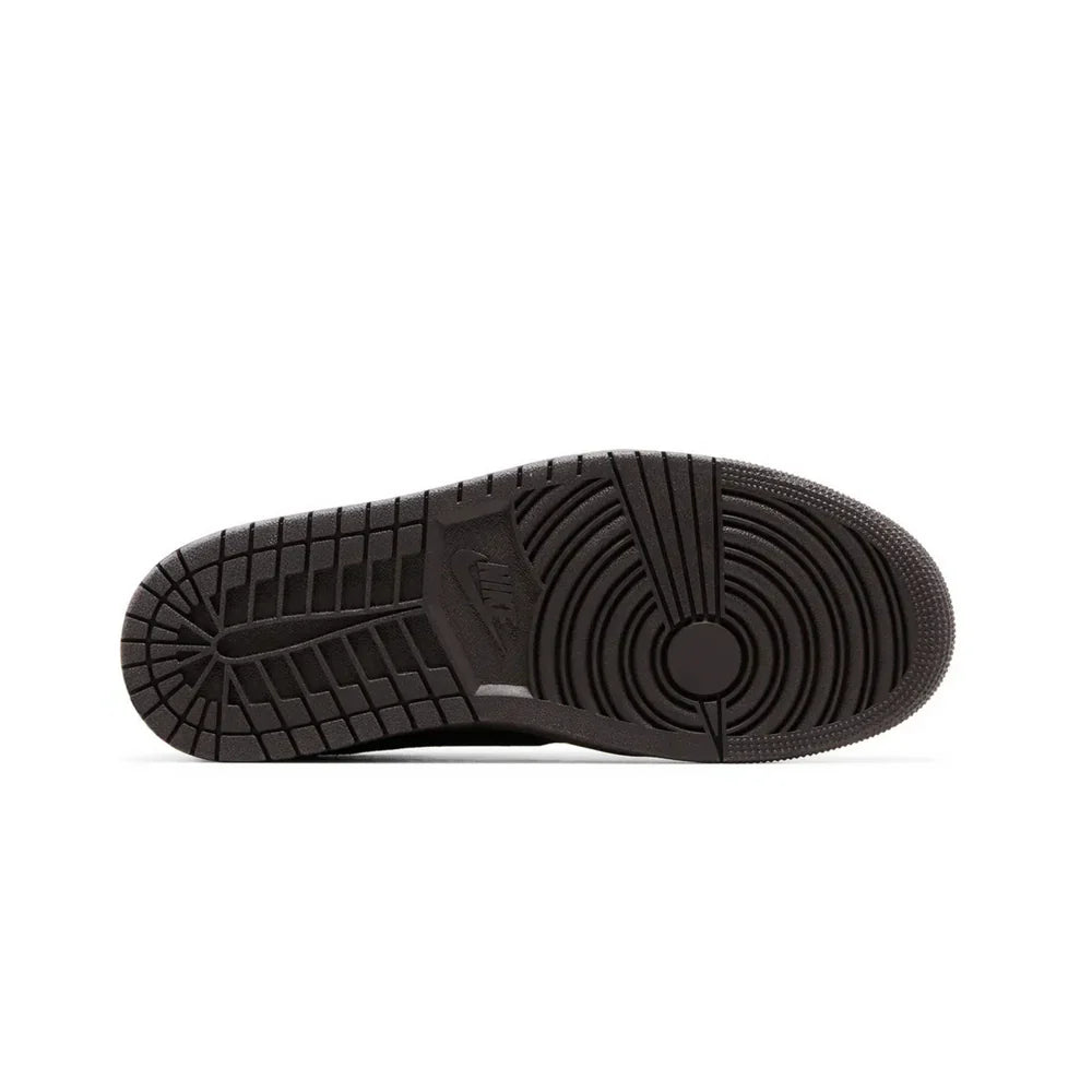 Travis Scott x Air Jordan 1 Low OG SP Velvet Brown dark brown rubber outsole bottom view with Nike branding and traction pattern