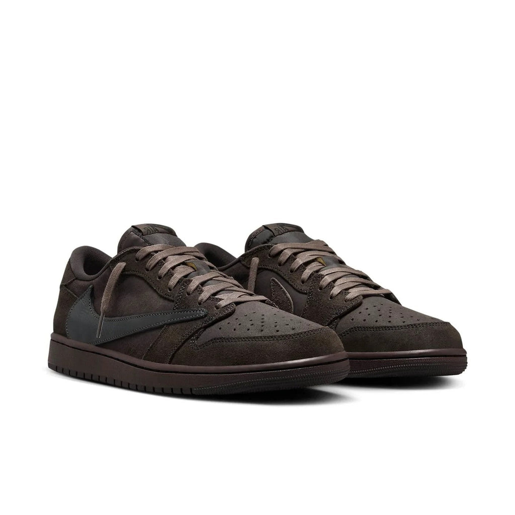 Travis Scott x Air Jordan 1 Low OG SP Velvet Brown pair angled view showing velvet brown and dark mocha suede with black leather details