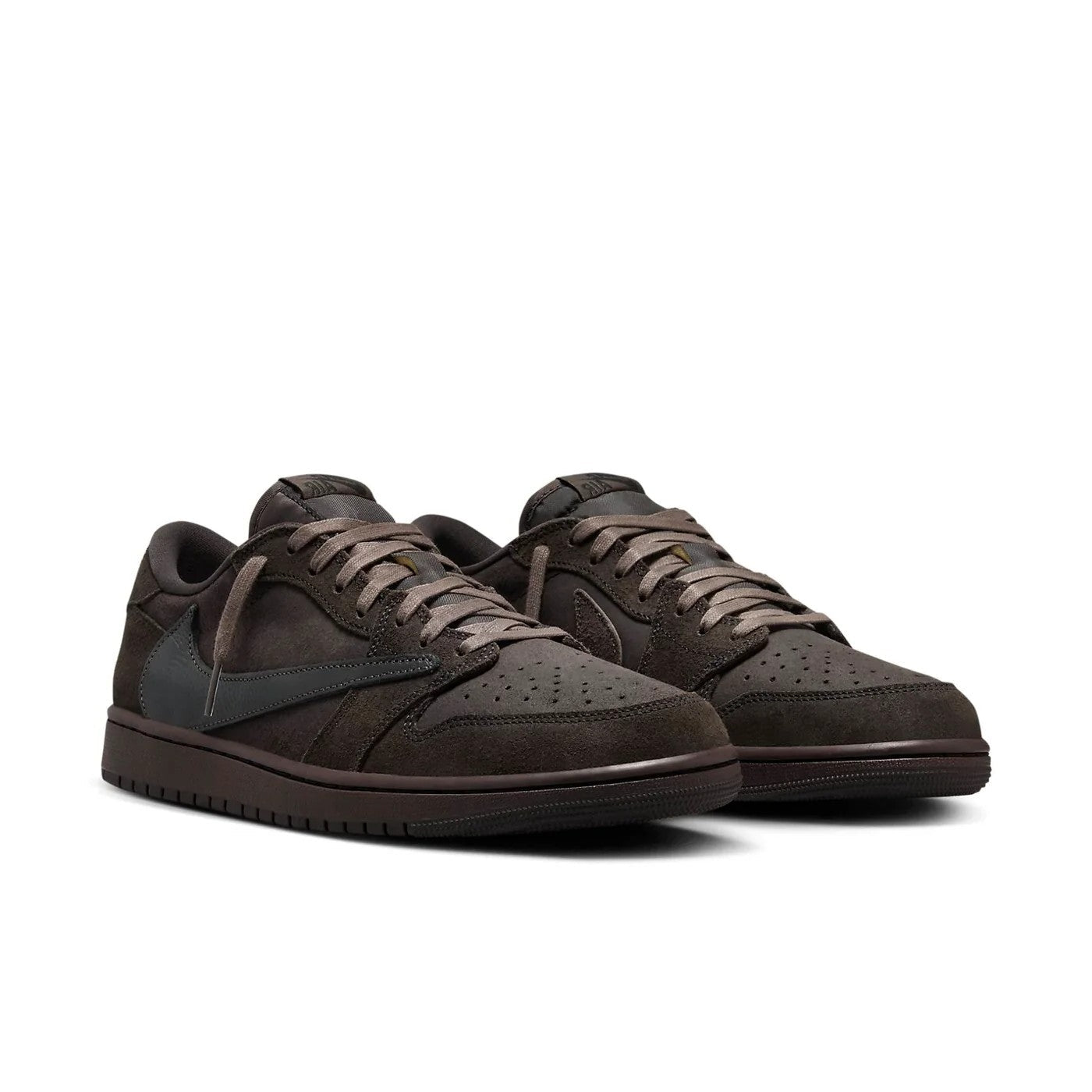 Travis Scott x Air Jordan 1 Low OG SP Velvet Brown pair angled view showing velvet brown and dark mocha suede with black leather details