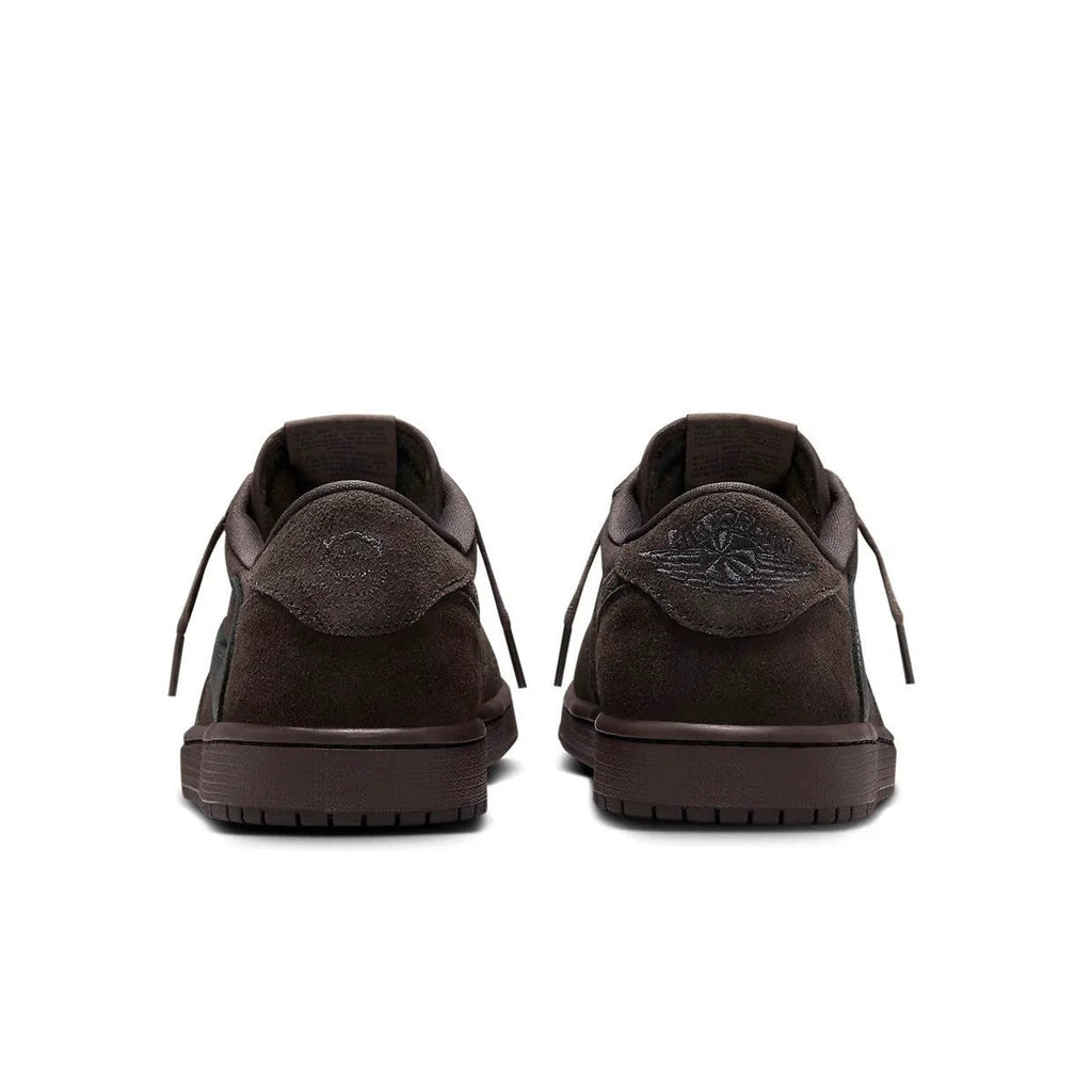 Travis Scott x Air Jordan 1 Low OG SP Velvet Brown side profile showing reverse Swoosh, dark mocha suede upper, and sail midsole