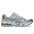 Side profile of the ASICS GEL-Kayano 14 White Light Navy, highlighting the metallic silver paneling, dusty navy ASICS stripes, and vintage cream midsole.