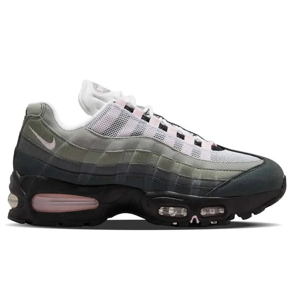 Side profile of the Nike Air Max 95 Pink Foam, highlighting the white-to-grey gradient, pink embroidered mini-Swoosh, and blacked-out Big Bubble midsole.