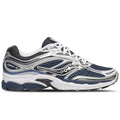 Side profile of the Saucony ProGrid Omni 9 S70739-41 in Deep Navy, showing the early 2000s technical lines, classic Saucony logo, and chunky retro midsole.