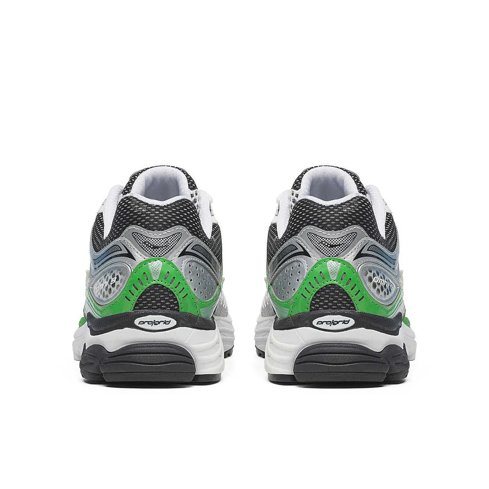 Back heel view of the Saucony ProGrid Omni 9 Silver Green running shoe, displaying the rear structure, green accents, and durable rubber traction outsole.