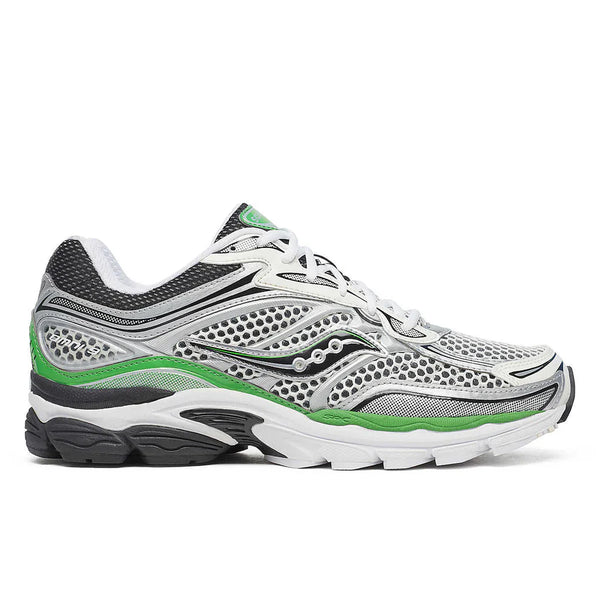 Side profile of the Saucony ProGrid Omni 9 S70739-17, highlighting the retro Y2K silver and green technical overlays, Saucony logo, and thick cushioned midsole.